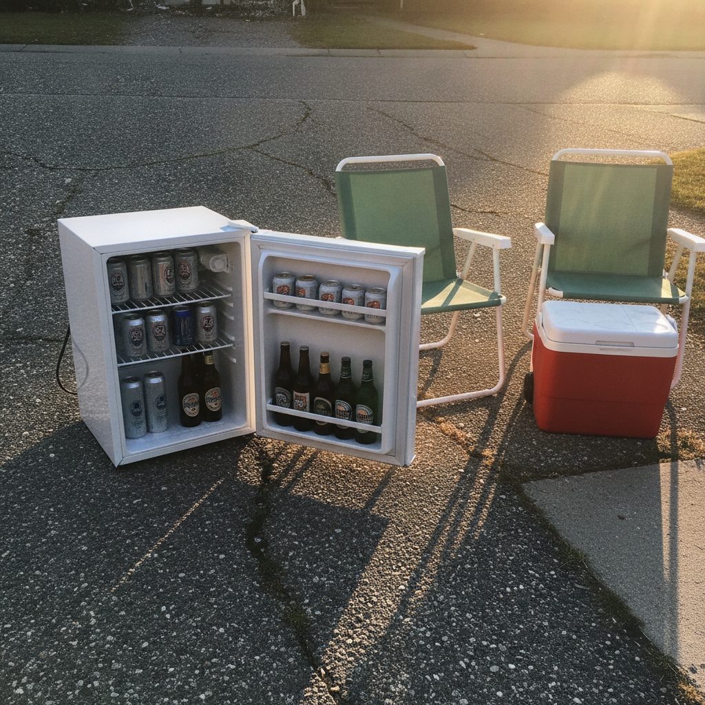 A garage fridge stocked with cold beer next to two lawn chairs and a cooler on a driveway
